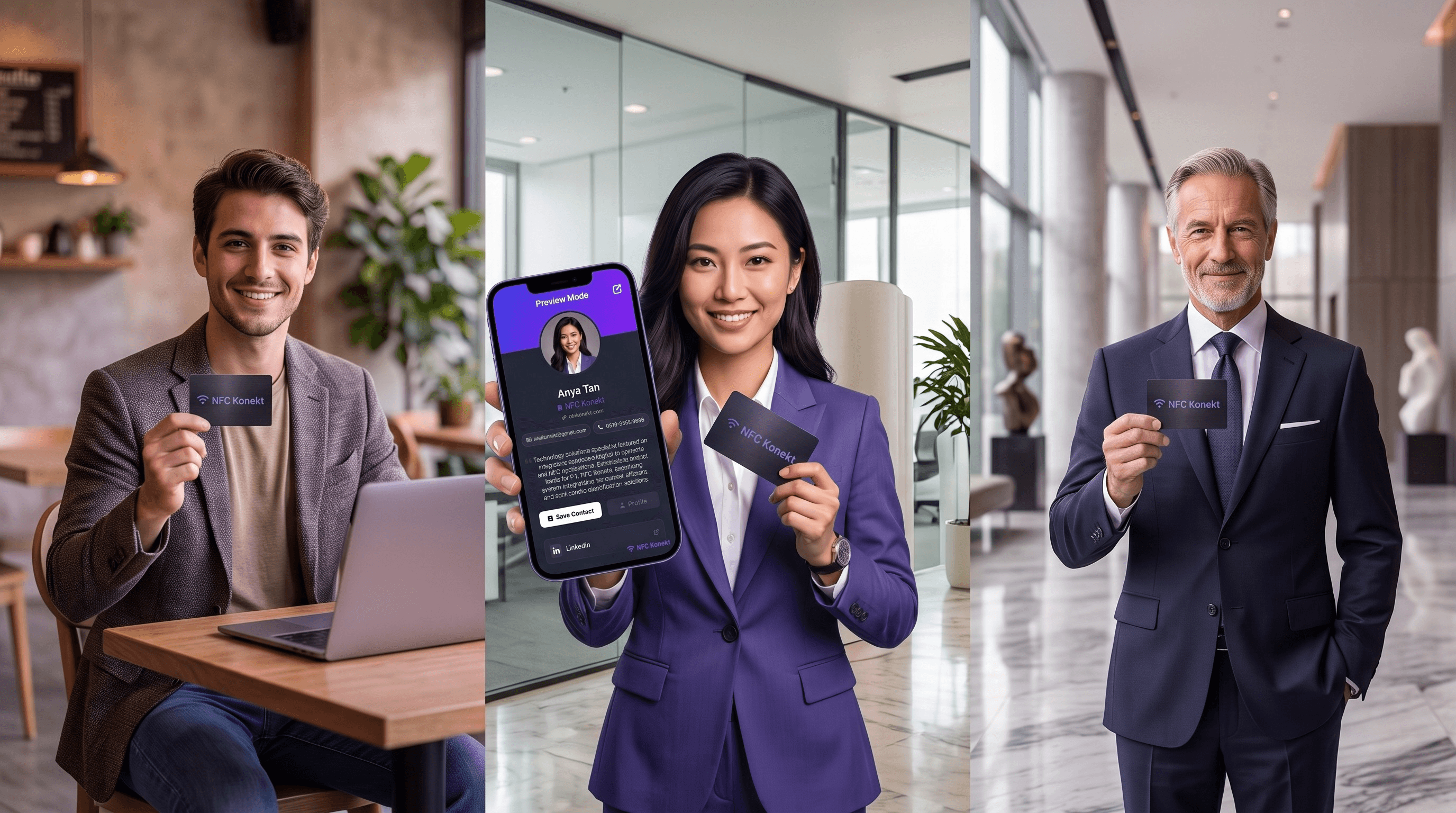 A freelancer, a startup founder and a corporate executive each holding an NFC Konekt card, showing the platform scales across company sizes