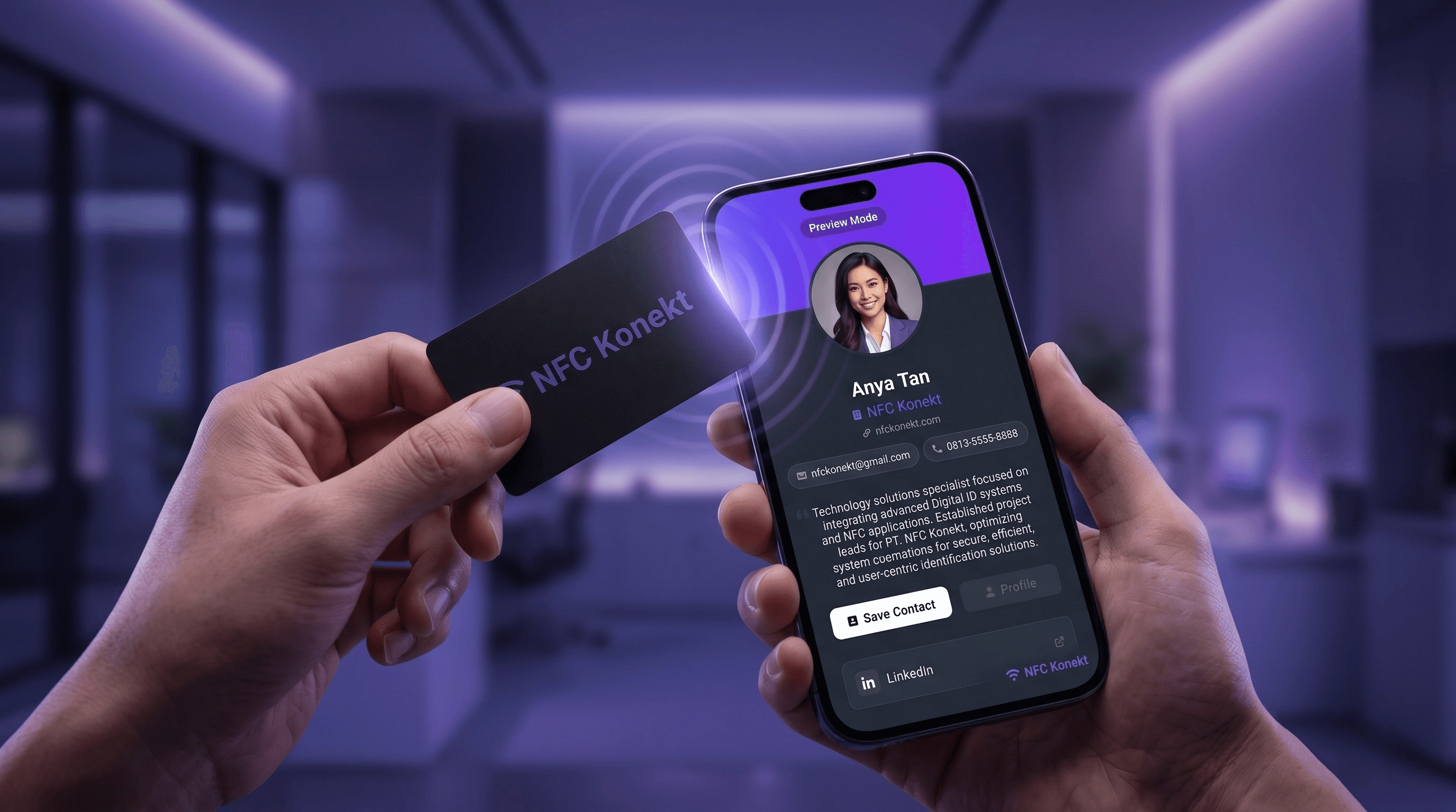 An NFC Konekt card being tapped against a phone, with the digital profile appearing on screen