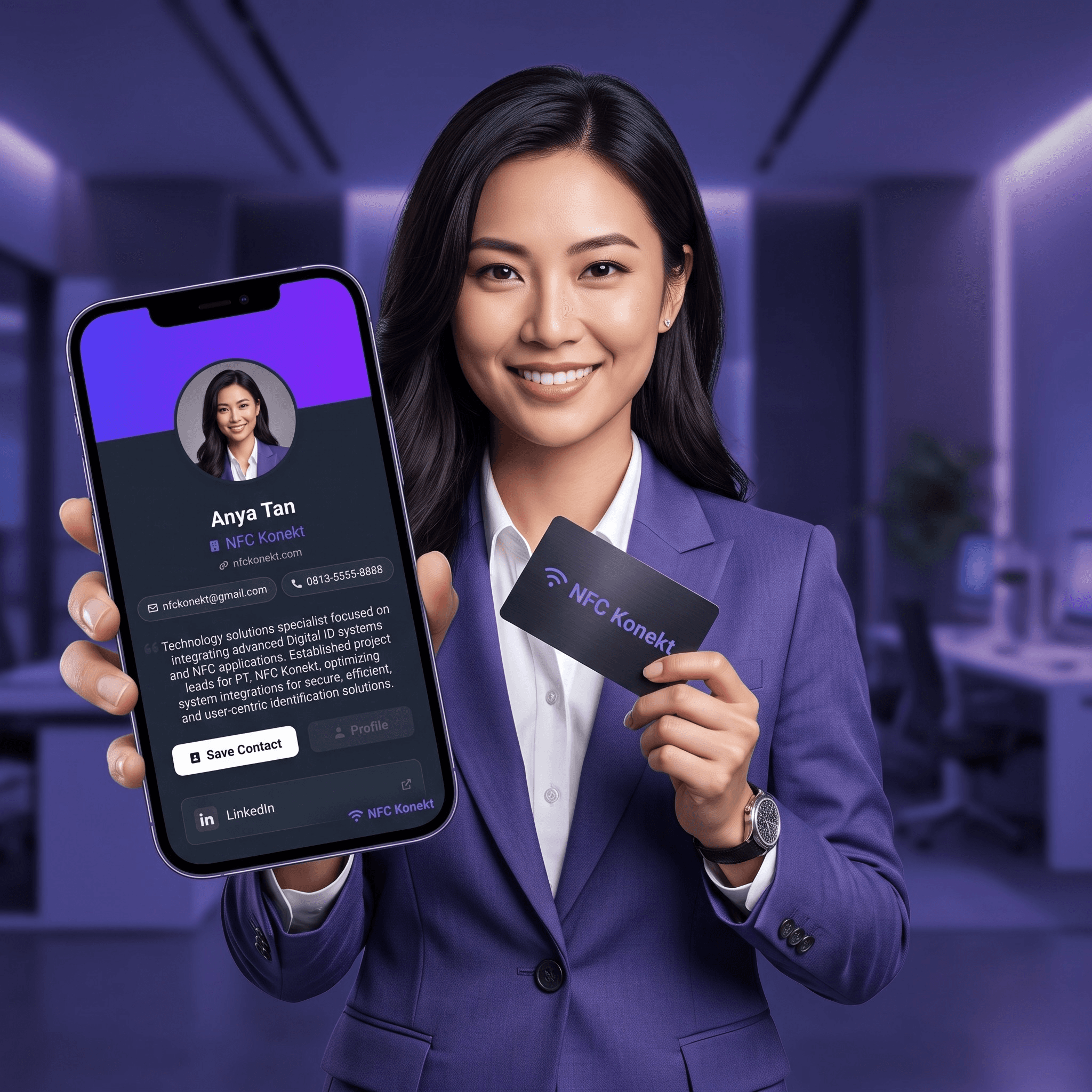 A professional holding a phone showing an NFC Konekt digital business card, next to a physical NFC card